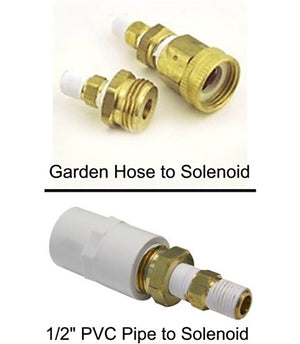 Adapters for Solenoid M6158-B - image of the garden hose to Solenoid and the 1/2" PVC pipe to Solenoid.