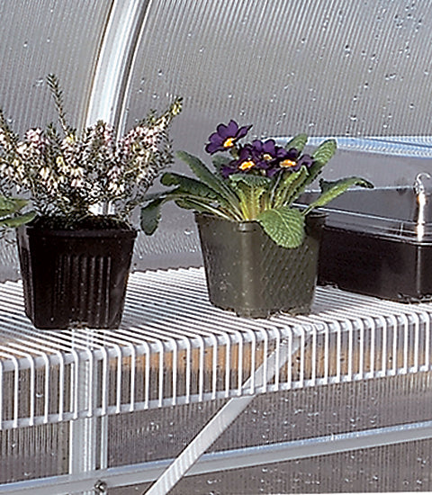 Charley's Wire Shelf with Braces in the color white holding up a few potted plants