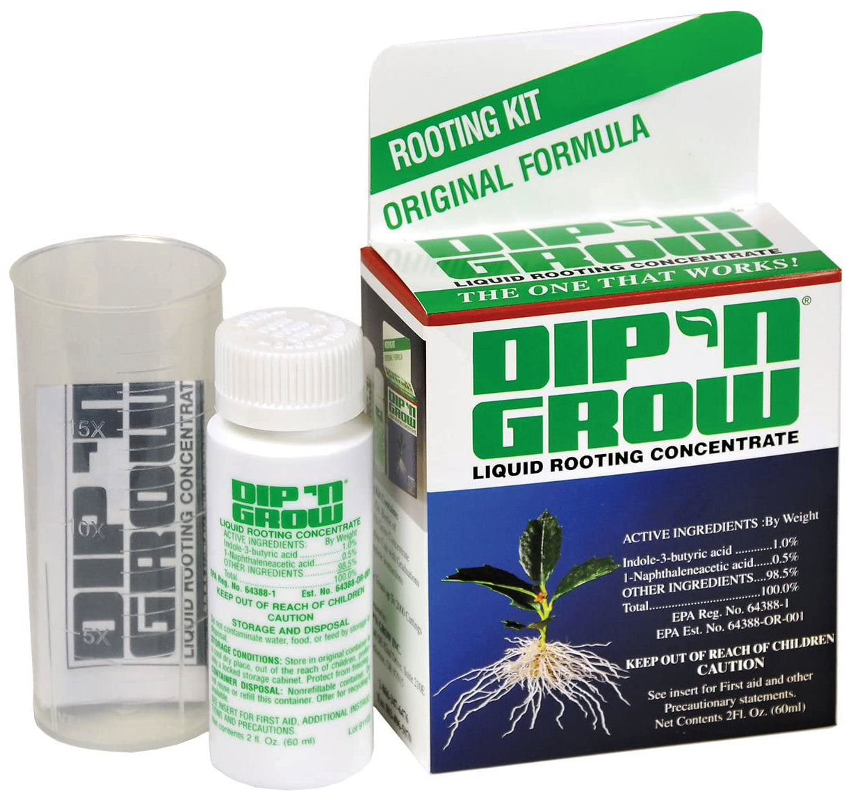 Dip-N-Grow Rooting Solution, 2 oz concentrate - A rooting kit with a formula and measuring container.