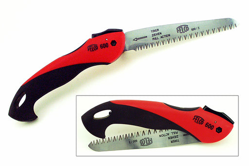 Image of the Felco 600 Folding Saw fully open and partially closed, featuring a black and red handle.