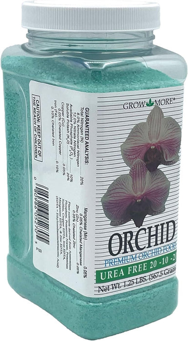 Grow More Premium Orchid Food Urea-Free 20-10-20 - Image of the container and the guaranteed analysis