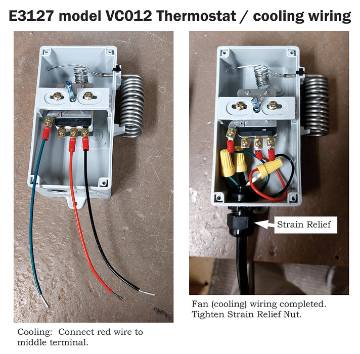 Image of the inside of a Greenhouse Thermostat with its cooling wiring