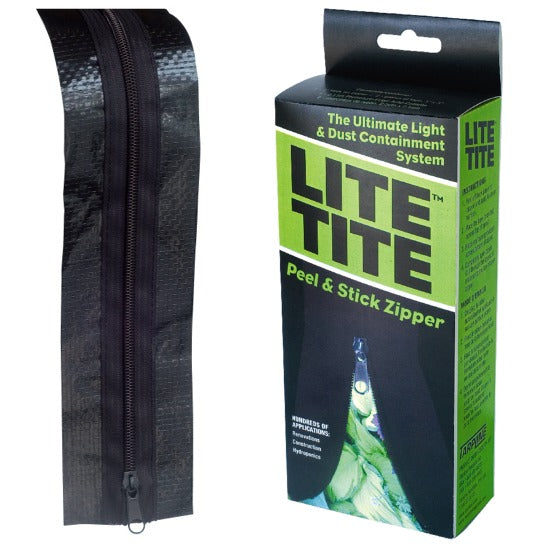 Lite Tite Peel & Stick Zipper: image of the black zipper itself and the products packaging