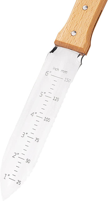 Image of a stainless steel hori-hori knife blade with inch measurements alongside it, set against a white background.