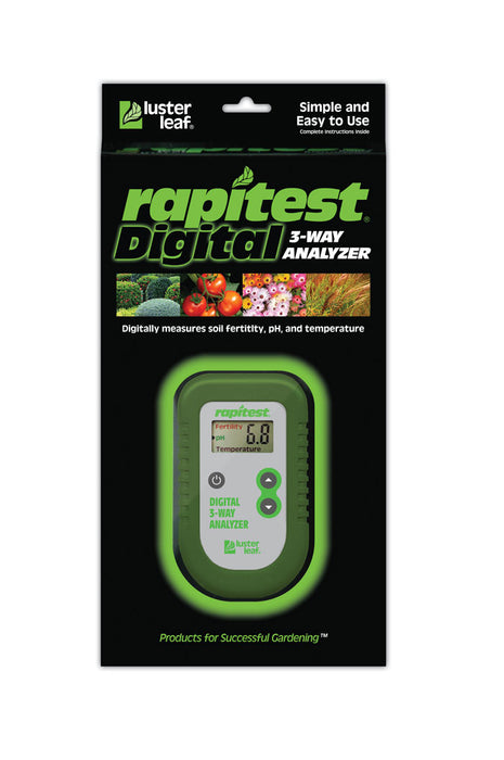 Digital 3-Way Soil Analyzer packaging image of the the front cover.