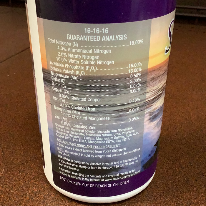 Sea Grow All-Purpose 16-16-16 - back cover of the container with the guaranteed analysis