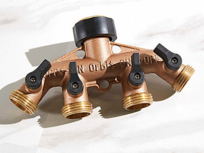 Brass 4-Way Hose Faucet Manifold with Shut Offs