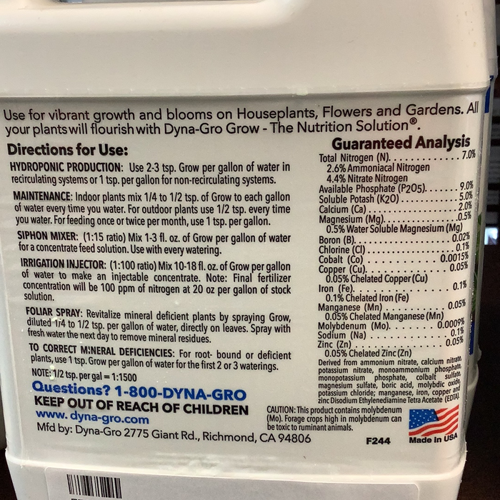 Dyna-Gro Liquid Grow 7-9-5, 1 qt concentrate